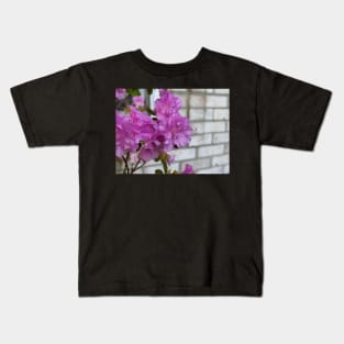 Cluster of Pink  Ruffled Flowers Against Brick Wall 3 Kids T-Shirt